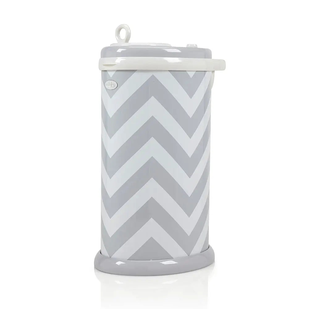 UBBI Ubbi Diaper Pail in gray chevron with light gray lid, standing upright with lid closed.