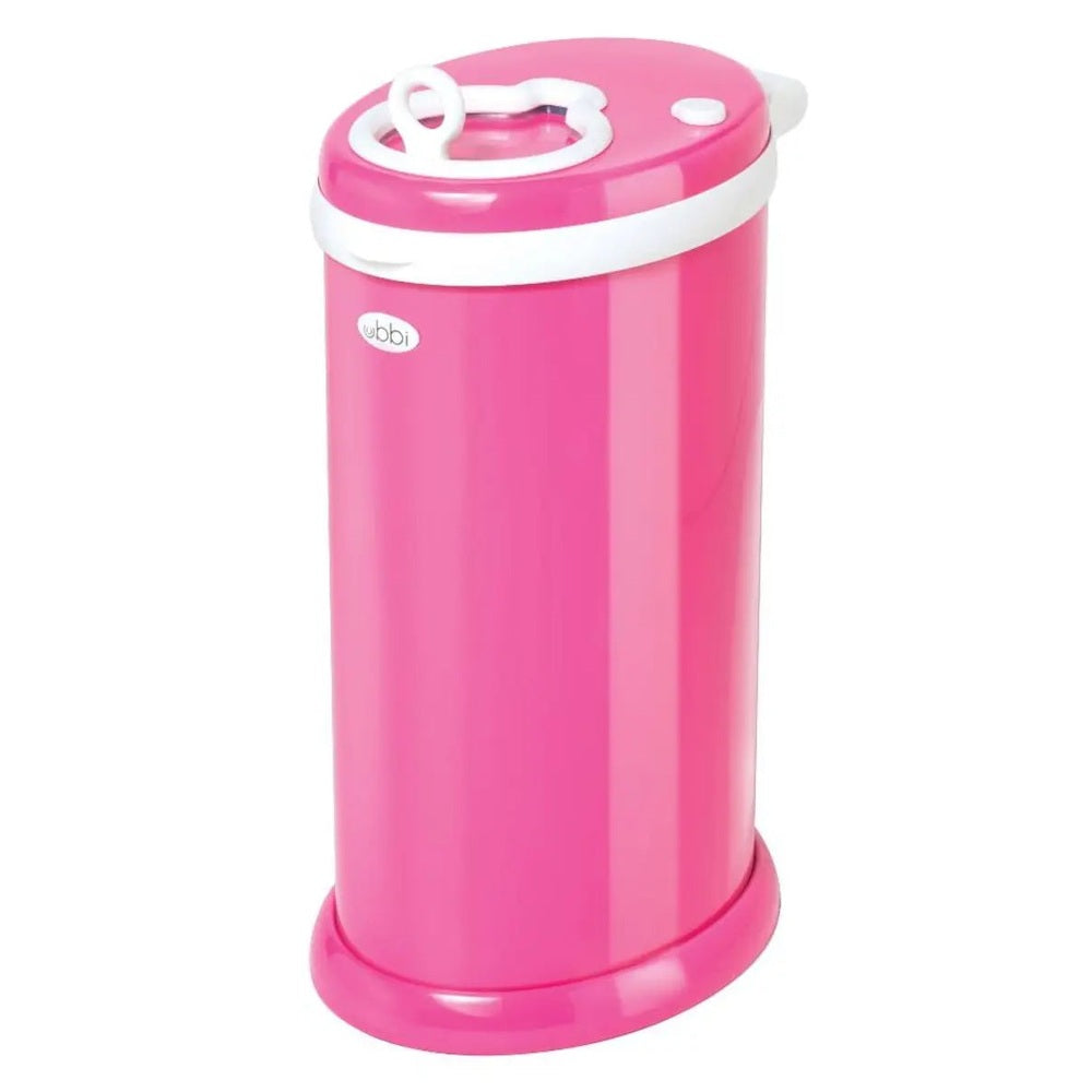 Ubbi Diaper Pail in pink with white lid and ring handle, ready for diaper disposal