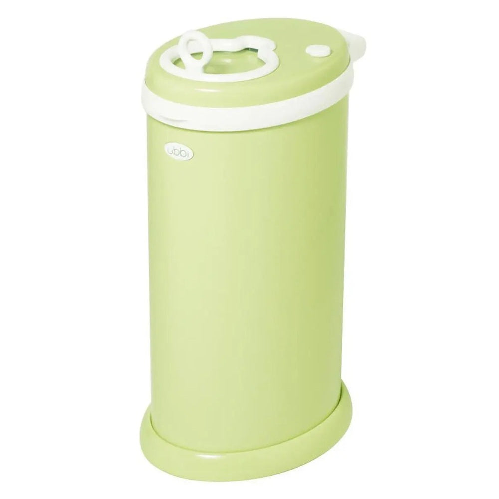 Ubbi Ubbi Diaper Pail in lime green with white lid; cylindrical nursery essential with easy-access lid.