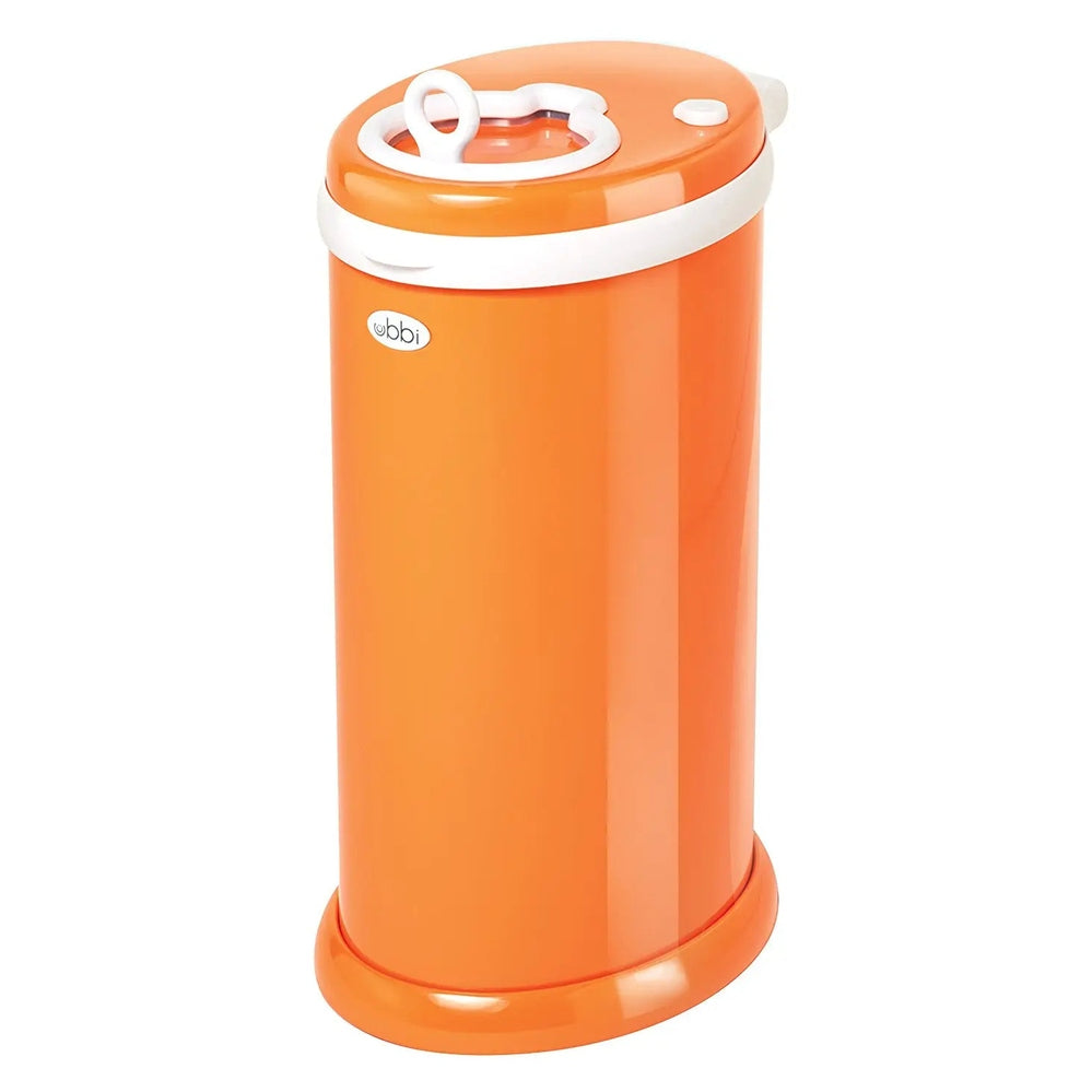 Ubbi Diaper Pail in bright orange with white lid ring handle, showcased as a stylish nursery essential.