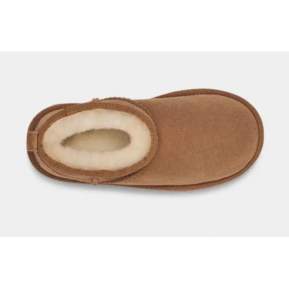 UGG Kid's Classic Ultra Mini Chestnut boot, chestnut suede with cream shearling lining, top-down view.