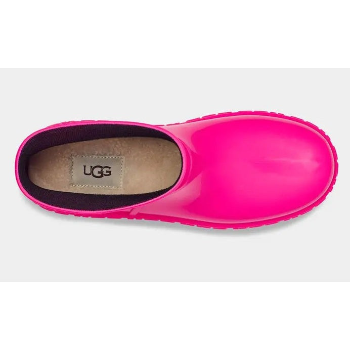 UGG Kid's Drizlita Taffy Pink rain boots, glossy pink exterior with dark lining visible from a top-down view.