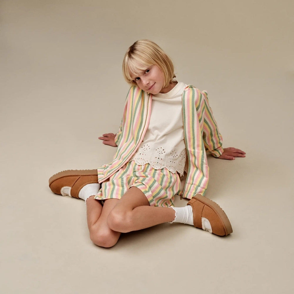 UGG Bea Mary Jane Chestnut sandals on a girl seated in pastel-striped outfit, showing chunky tan soles.