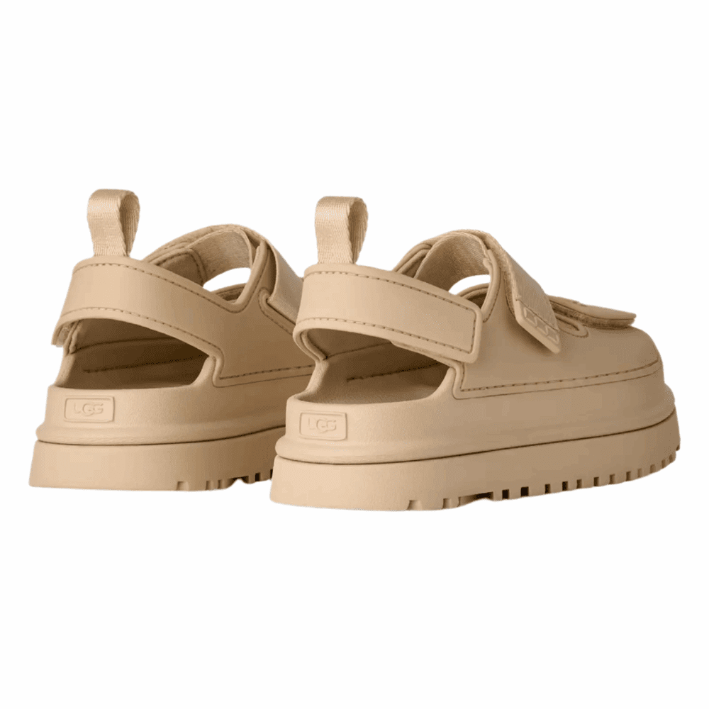 UGG Kids Goldenglow sandals in sea salt beige with hook-and-loop straps, chunky sole