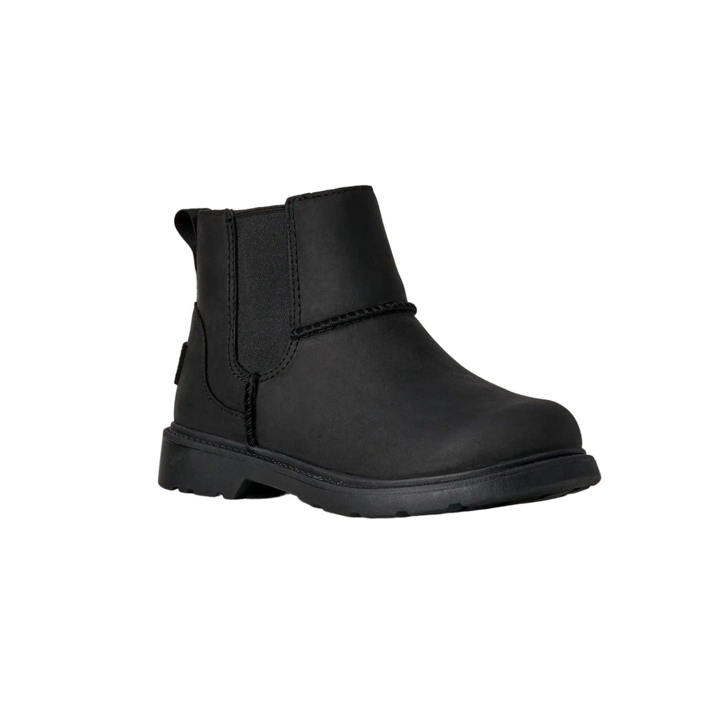 UGG Kids' Perry Weather Chelsea Black boot with elastic panels and rugged sole shown in profile.