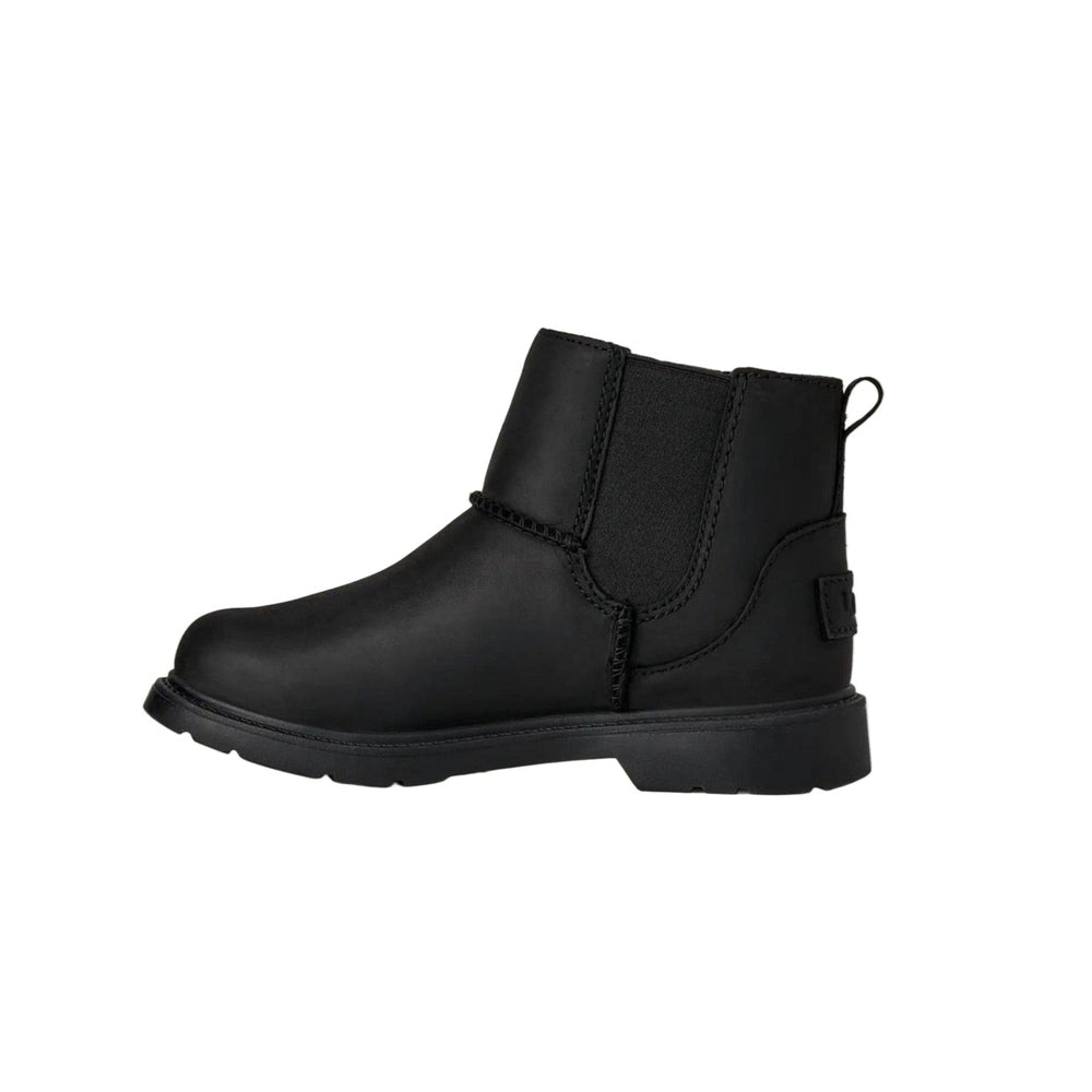 UGG Kids' Perry Weather Chelsea Black boot; black elastic side panel and pull tab shown in a side view.