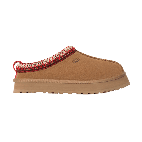 UGG Kids' Tazz Chestnut suede slip-on sandal with chunky sole; a child strides forward showcasing comfort.
