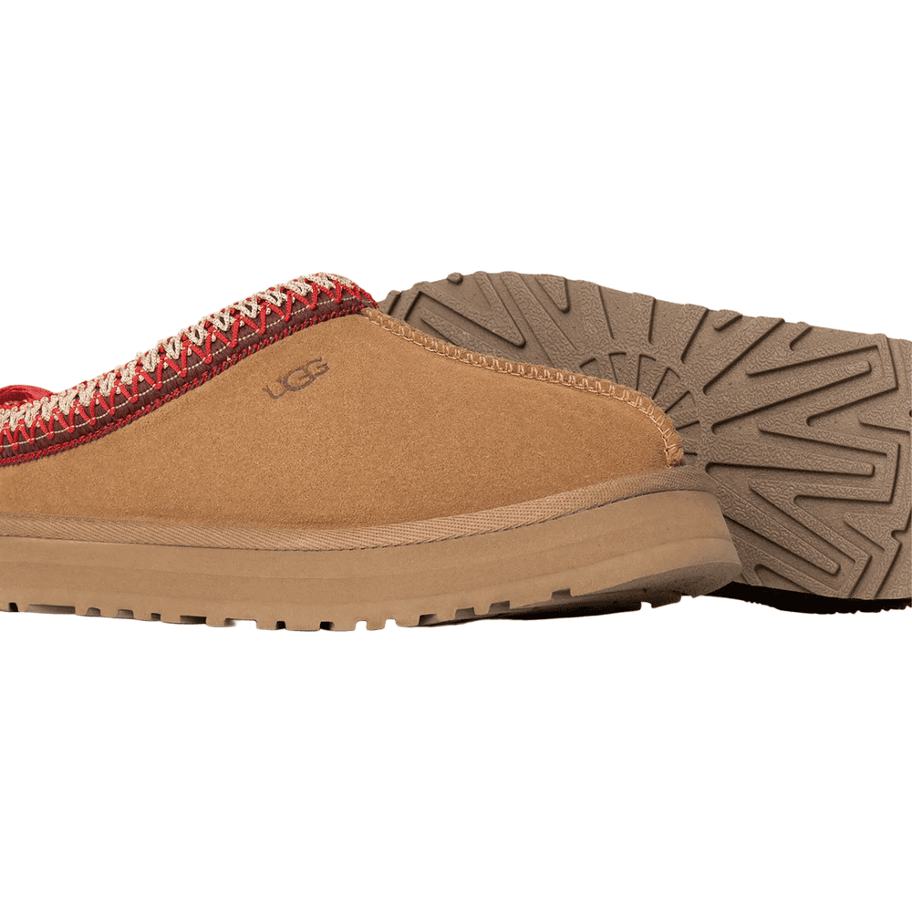 UGG Kids' Tazz Chestnut moccasin boot in suede with red stitching and rugged tread sole