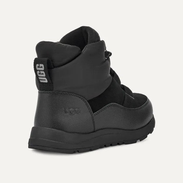 UGG Kids Yose Puffer Lace Black boot; black leather with padded quilted ankle, pull-tab at heel.