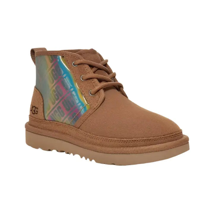 UGG Neumel Chromatic Chestnut boot in chestnut suede with iridescent side panel and tied laces.
