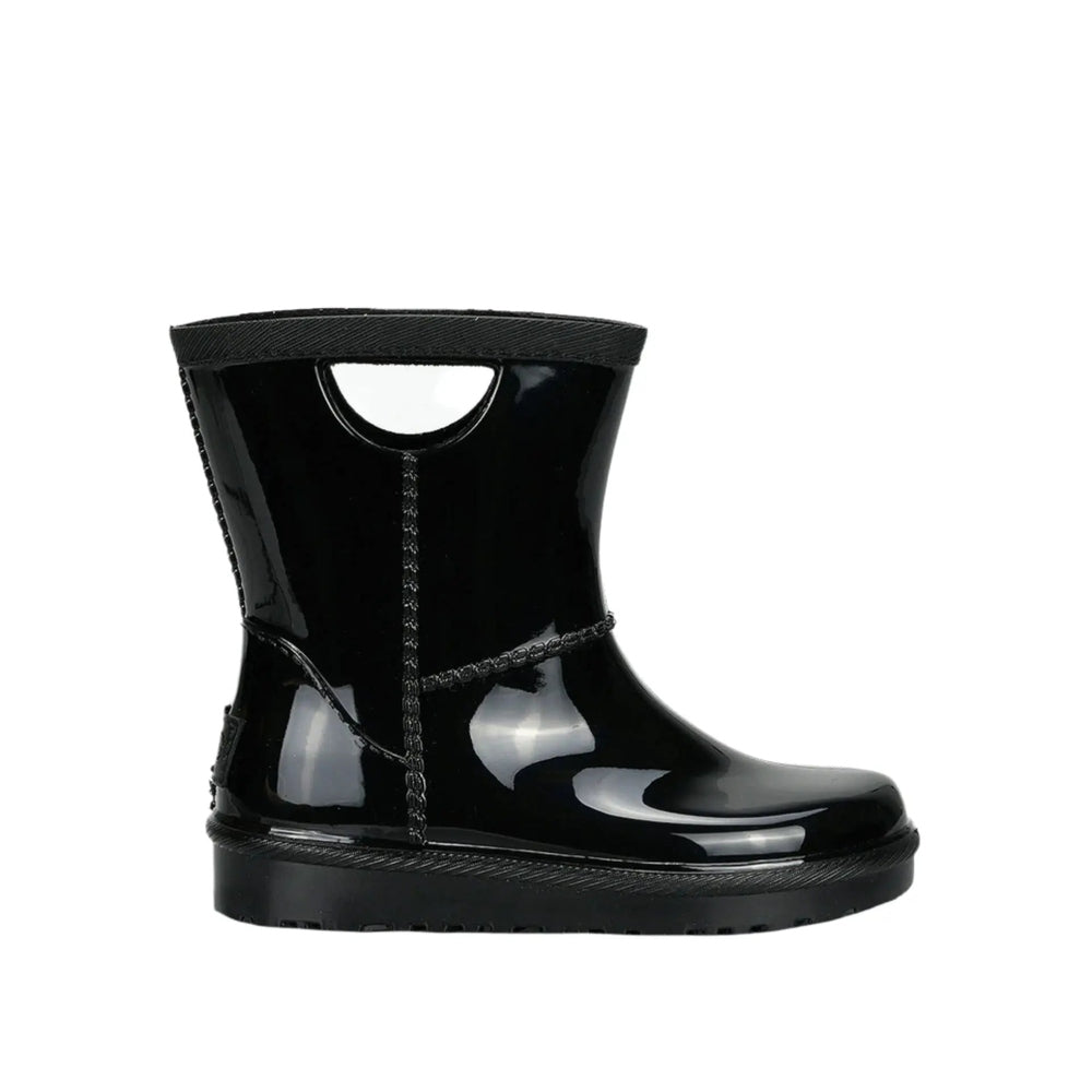 UGG Rahjee Rain Boot Black, glossy patent rubber ankle boot with cutout handle and stitched trim