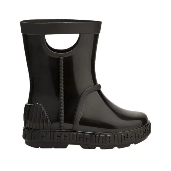 UGG Toddler Drizlita Black rain boot with glossy rubber finish, top pull handle, and rugged sole ready for puddles.
