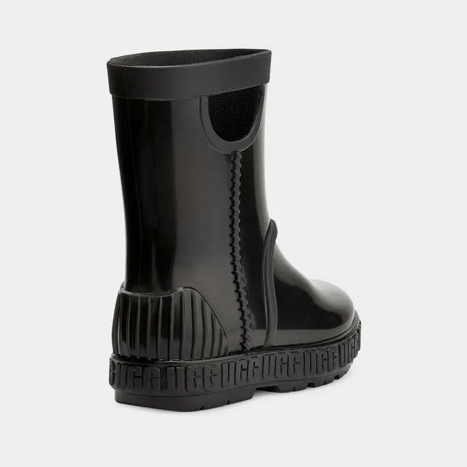 UGG Toddler Drizlita Black rain boot; glossy rubber with rugged tread, shown standing upright on a white background.
