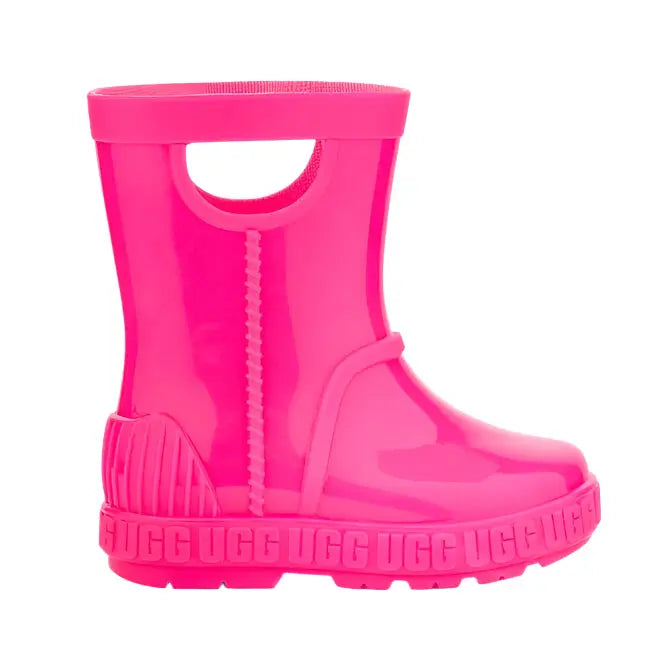 UGG Toddler Drizlita Taffy Pink rain boot with side zipper for easy on and rugged tread.