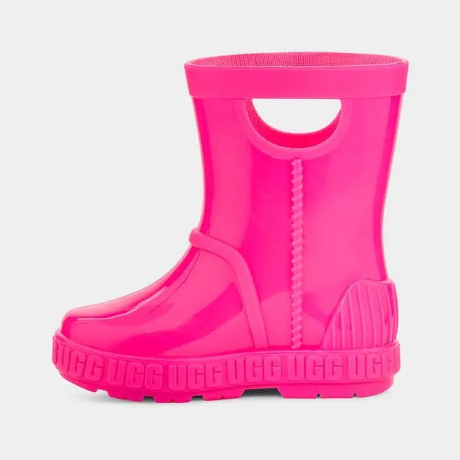 UGG Toddler Drizlita Taffy Pink rain boot; glossy rubber with side zipper and rugged sole.