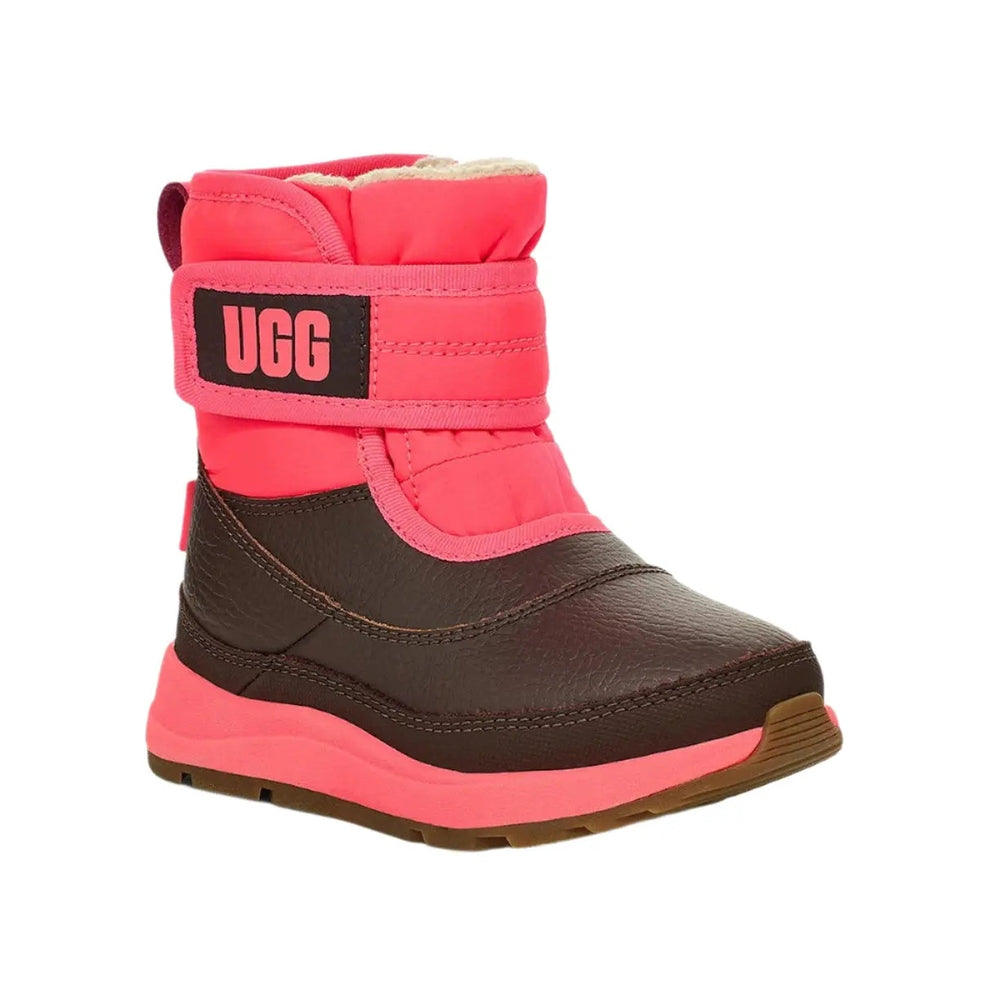 UGG Toddler's Taney Weather-Super Coral boot in coral pink and brown leather with plush lining and a Velcro strap for quick wear.