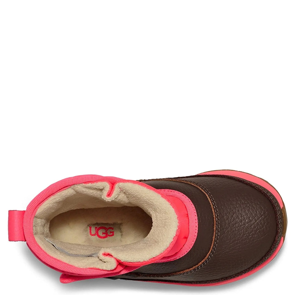 Toddler UGG Taney Weather-Super Coral boot in brown leather with pink trim and cream lining, showing cozy fleece interior.