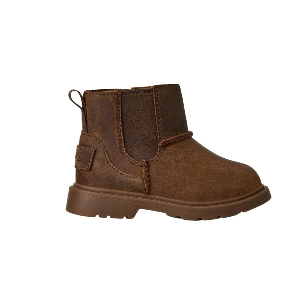 UGG Toddlers' Perry Weather Chelsea Walnut boot in brown suede with elastic goring and pull tab on a white background.