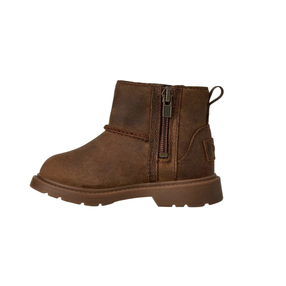 UGG Toddlers' Perry Weather Chelsea Walnut boot in walnut suede with side zipper and pull tab, rugged tread sole.