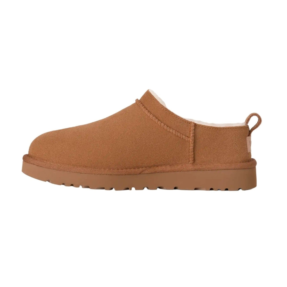 UGG Women's Classic Micro Chestnut suede slip-on with shearling lining and rugged tan sole.