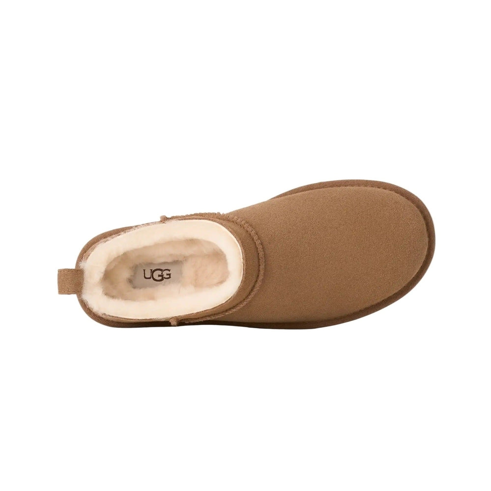 UGG Women's Classic Micro Chestnut slipper, top view in chestnut suede with plush shearling and easy slip-on.