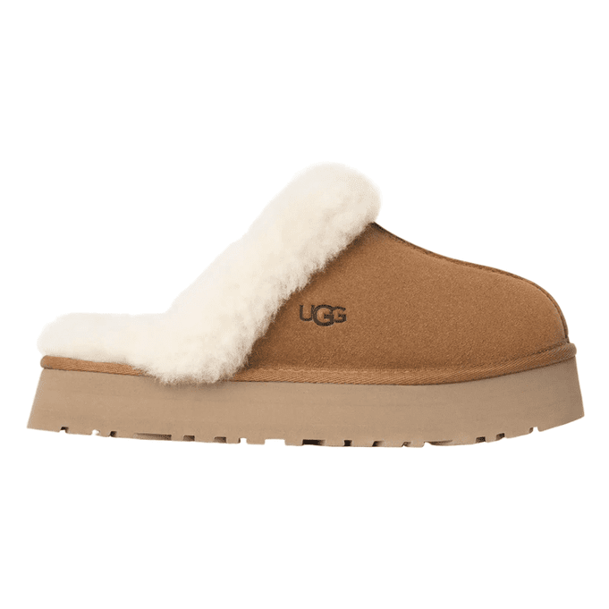 UGG Women's Disquette Chestnut sandal with chestnut suede, white shearling lining, and tan platform sole.