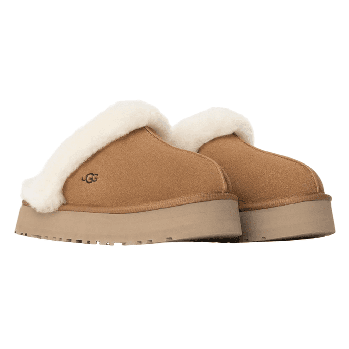 UGG Women's Disquette Chestnut slippers in tan suede with white shearling lining, back view showing cozy warmth.