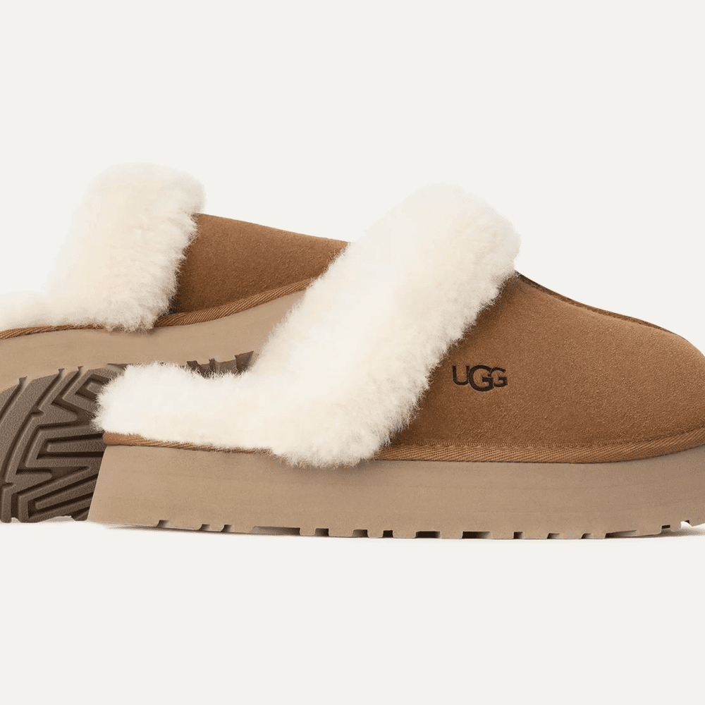 UGG Women's Disquette Chestnut slip-on sandal with plush shearling trim and rugged sole.