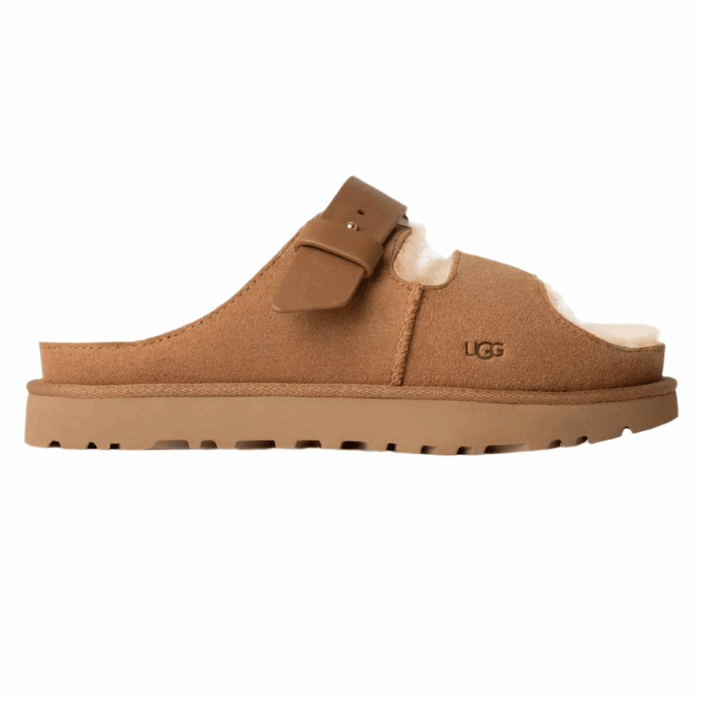 UGG Greenport strap slide in chestnut suede with shearling lining