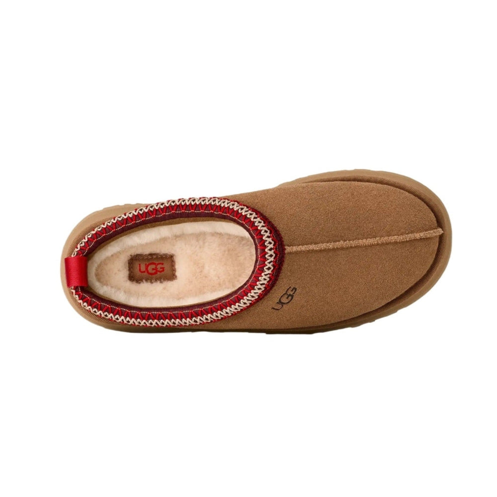 UGG Women's Tazz II Chestnut slipper, brown suede with plush shearling lining, shown from top to emphasize easy slip-on comfort.
