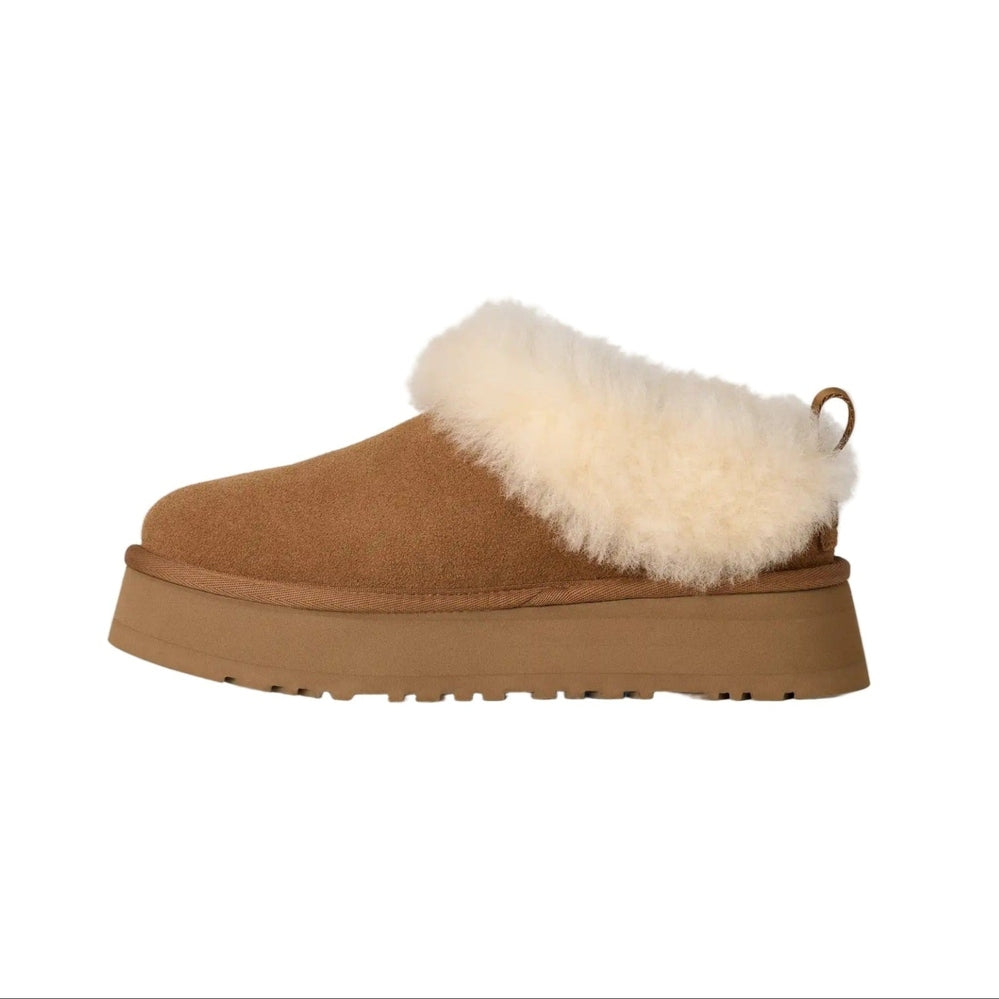 UGG Women's Tazzelle Chestnut slip-on shearling sandal with cream fur lining and tan platform sole.