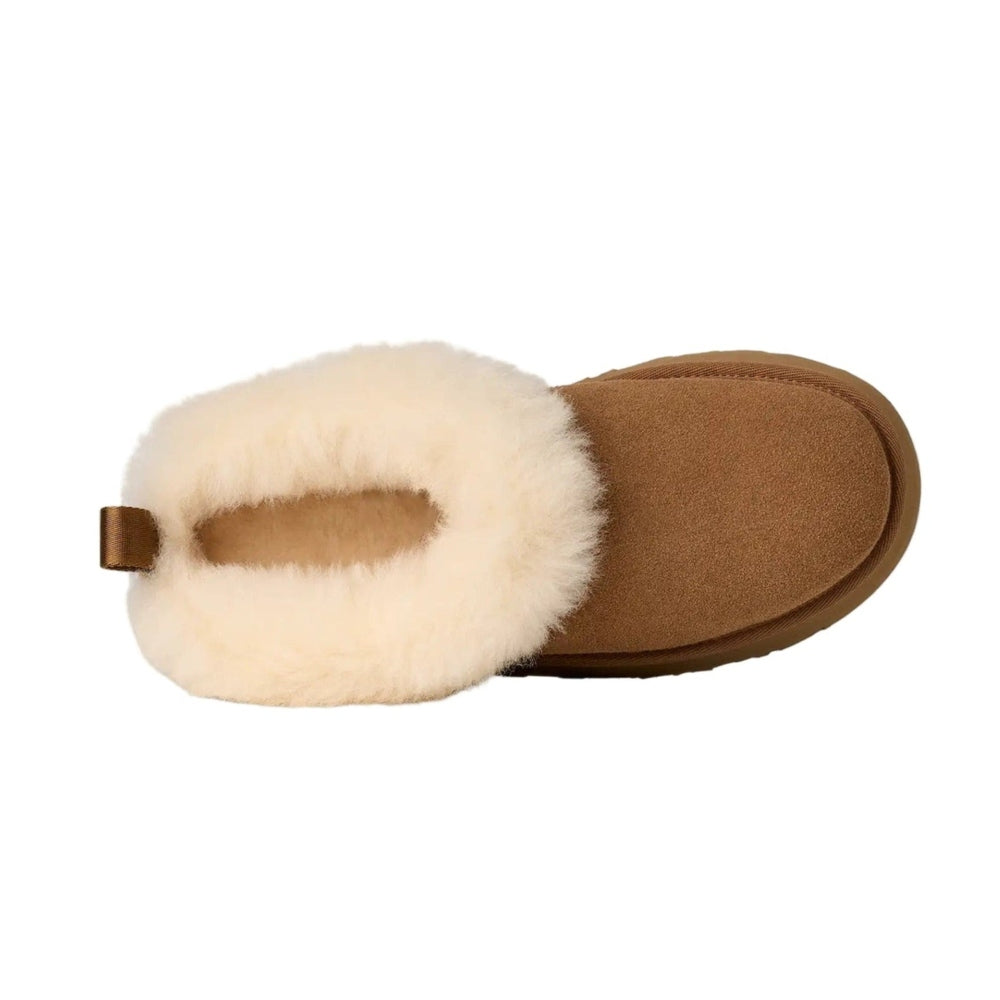 UGG Women's Tazzelle Chestnut suede slipper with cream shearling lining for cozy warmth.