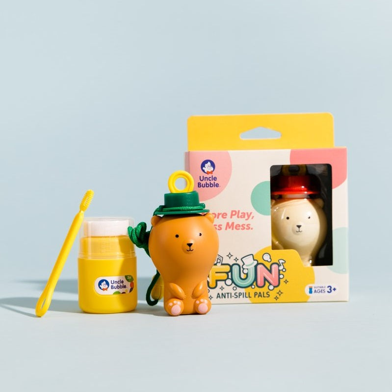 Uncle Bubble Fun Anti-Spill Pals set with orange bear, green hat, yellow wand and 2 oz bubble solution