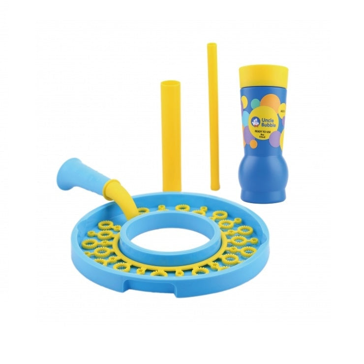 Uncle Bubble Bubble Tricks Starter Kit with blue circular tray, yellow wand, bottle and bubble rings