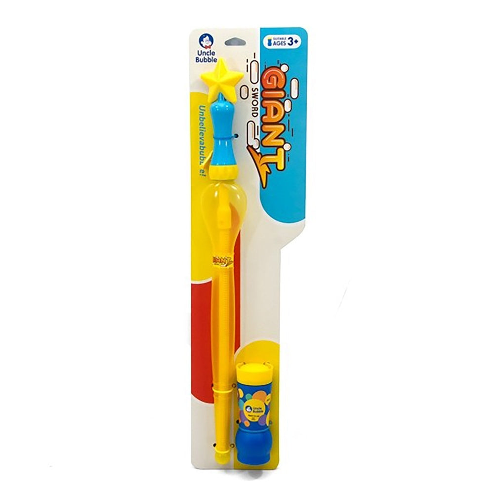Uncle Bubble Giant Sword bubble wand, yellow with blue handle, includes 8 oz bubble solution