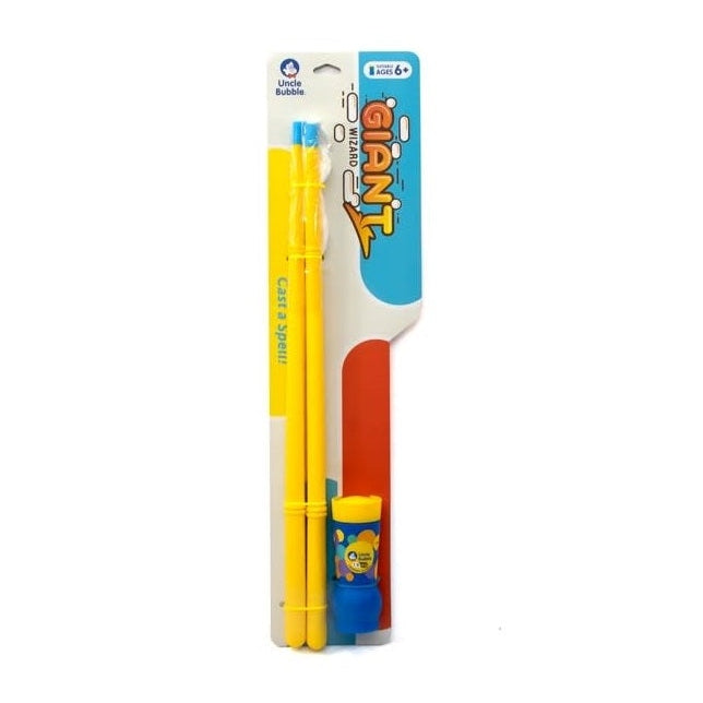 Uncle Bubble Giant Wizard bubble wand set with 4 oz concentrate, bright yellow and blue.