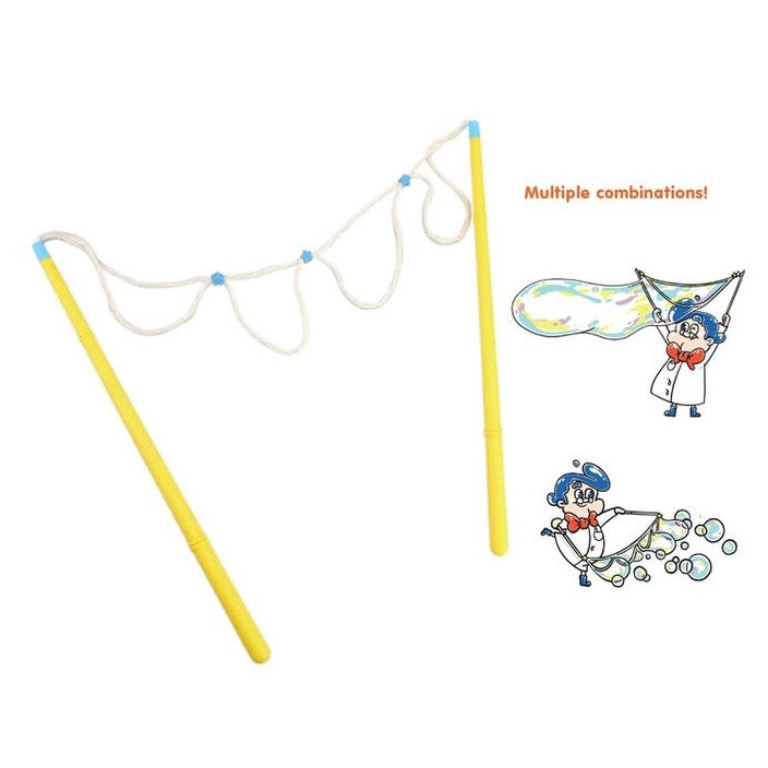 Uncle Bubble Giant Wizard bubble wand set with 4 oz solution; two yellow wands and looping rope for giant bubbles