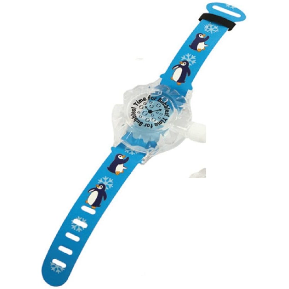 Uncle Bubble Touchable Bubble Watch with a blue silicone strap adorned by penguin graphics, bubble-blowing toy.