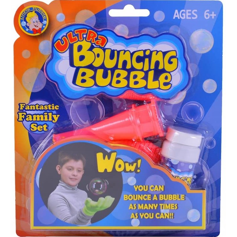 Uncle Bubble Ultra Bouncing Bubble toy, red blower with white cap in blue packaging