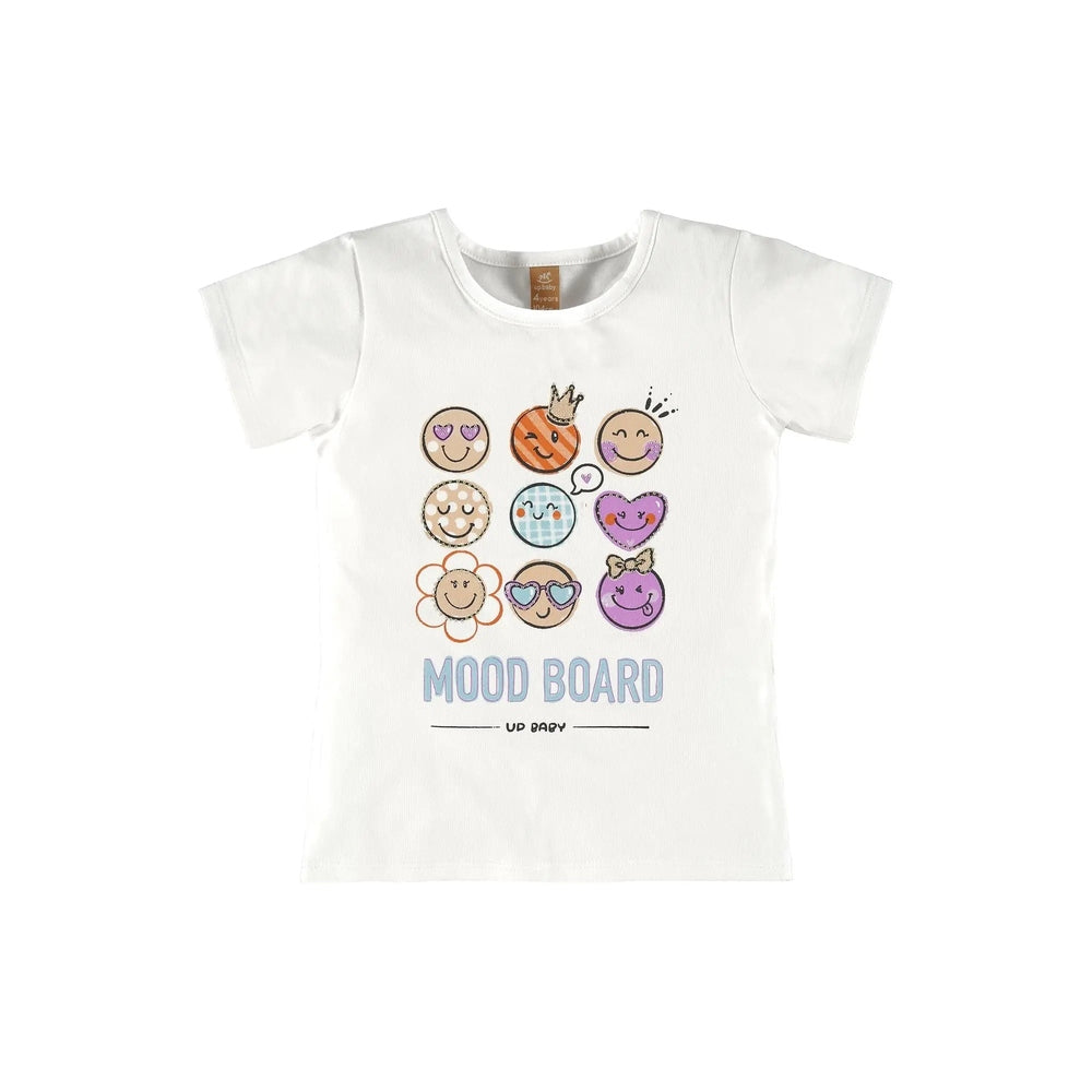 UP Baby Girl Short Sleeve Cotton Blouse White featuring a colorful mood-board emoji print on the front.