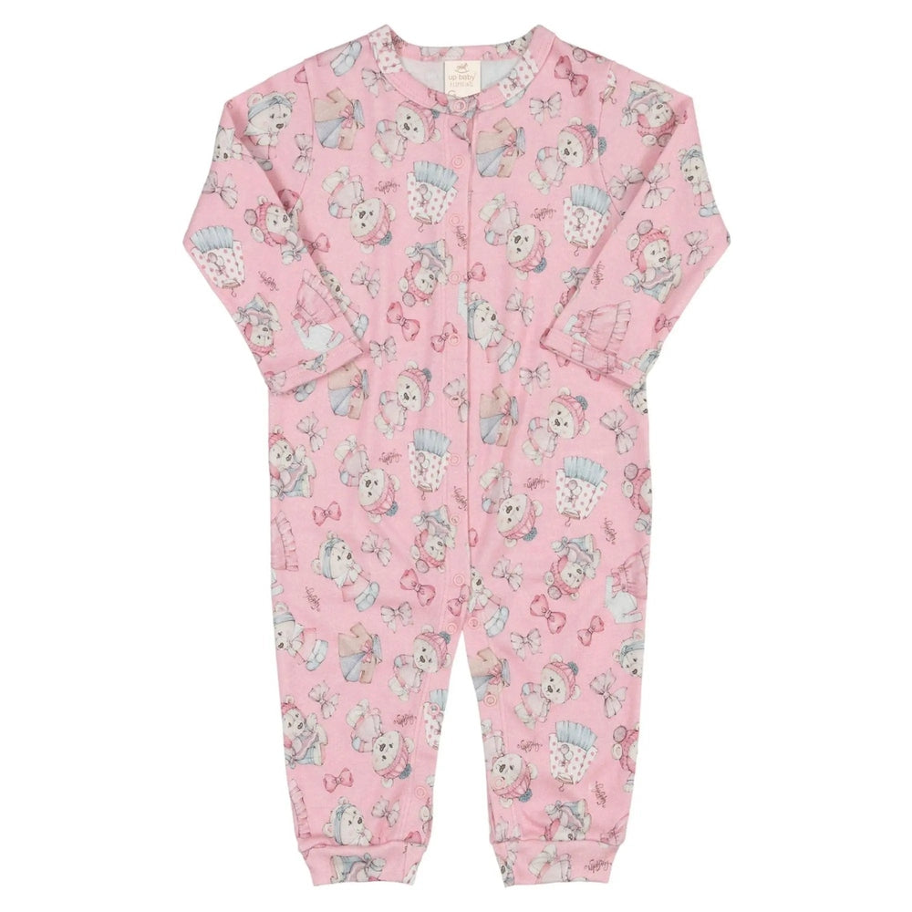 UP BABY Girls Jumpsuit Pink Dig233 with teddy bear and bow print, long sleeves and ribbed ankle cuffs.