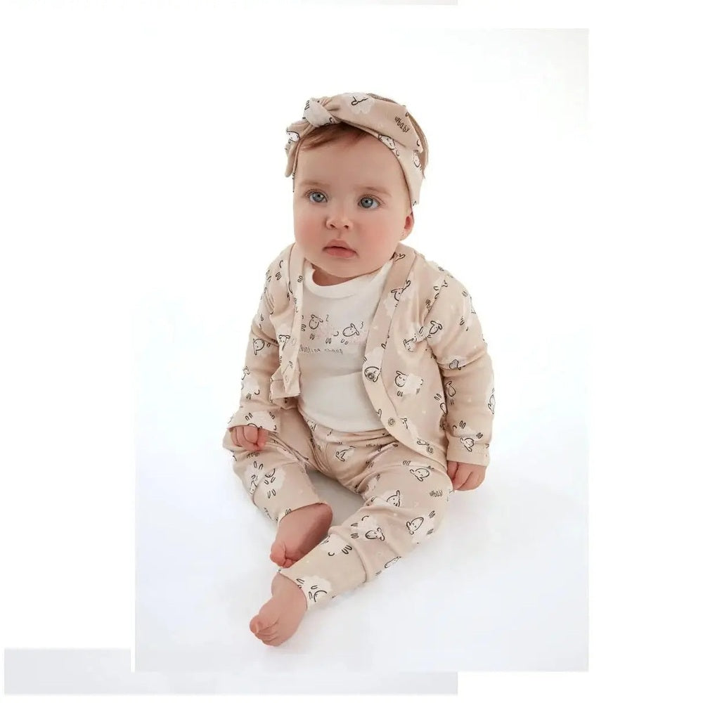 UP Baby Girls Pants AB1450 beige bunny-print set worn by a baby sitting and looking forward.