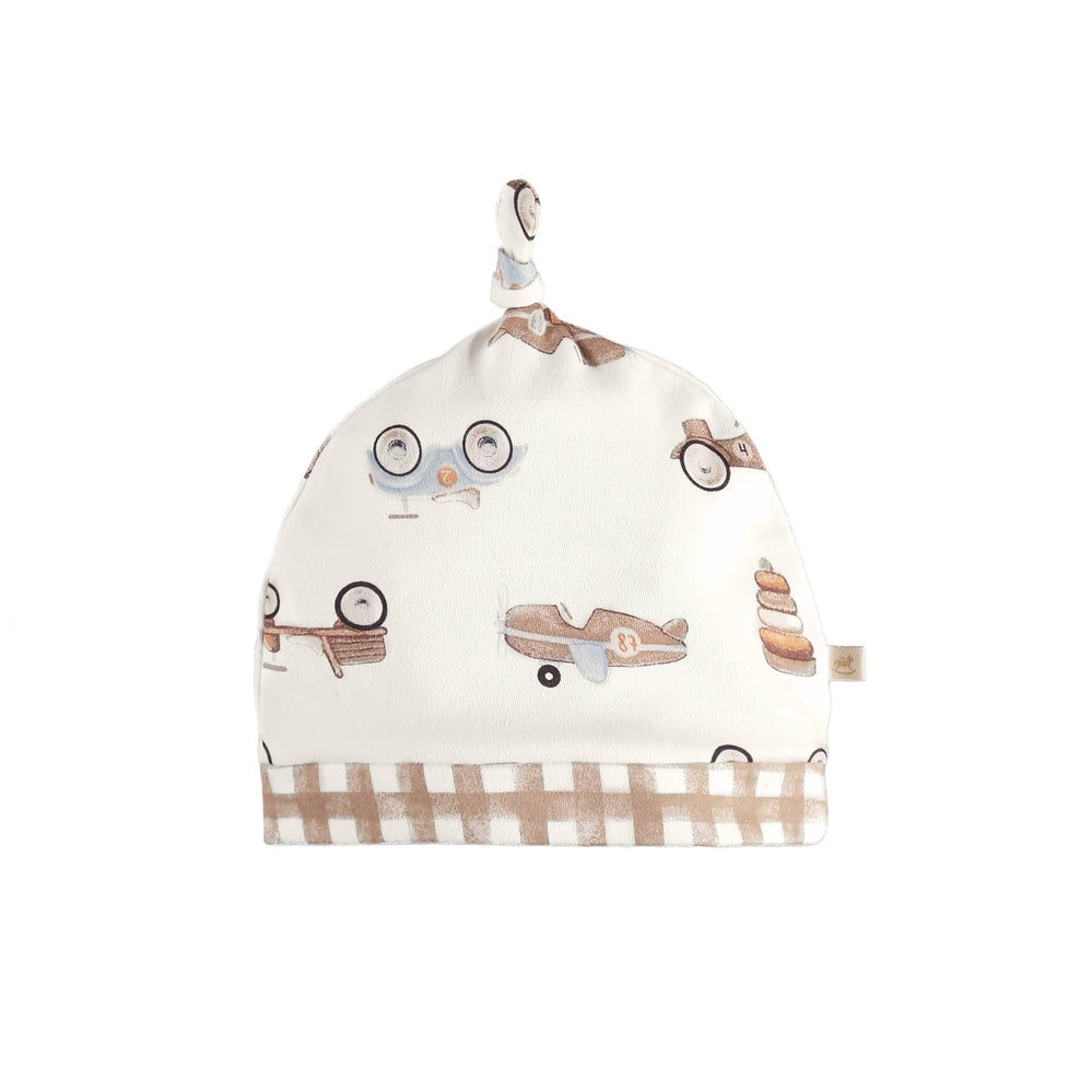 Up Baby soft jersey cotton beanie, cream with vehicle print and brown gingham cuff