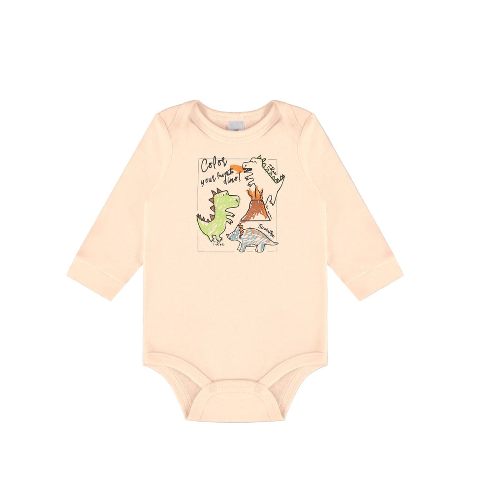 UP BABY soft jersey cotton bodysuit, peach, with colorful dinosaur illustration