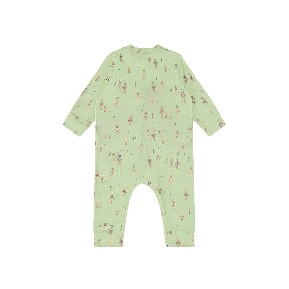 Up Baby rabbit print jumpsuit for babies in pale green soft jersey cotton