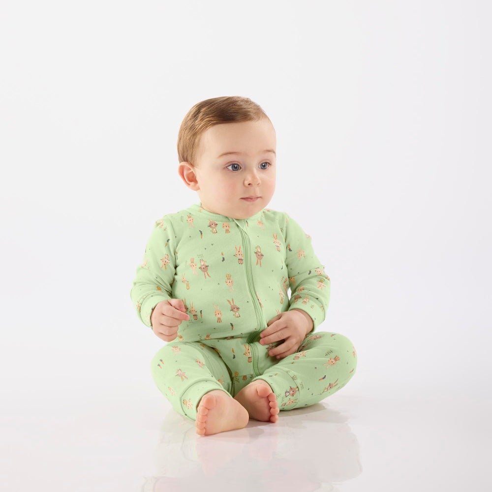UP BABY boys jumpsuit in light green cotton jersey with rabbit print, baby one-piece