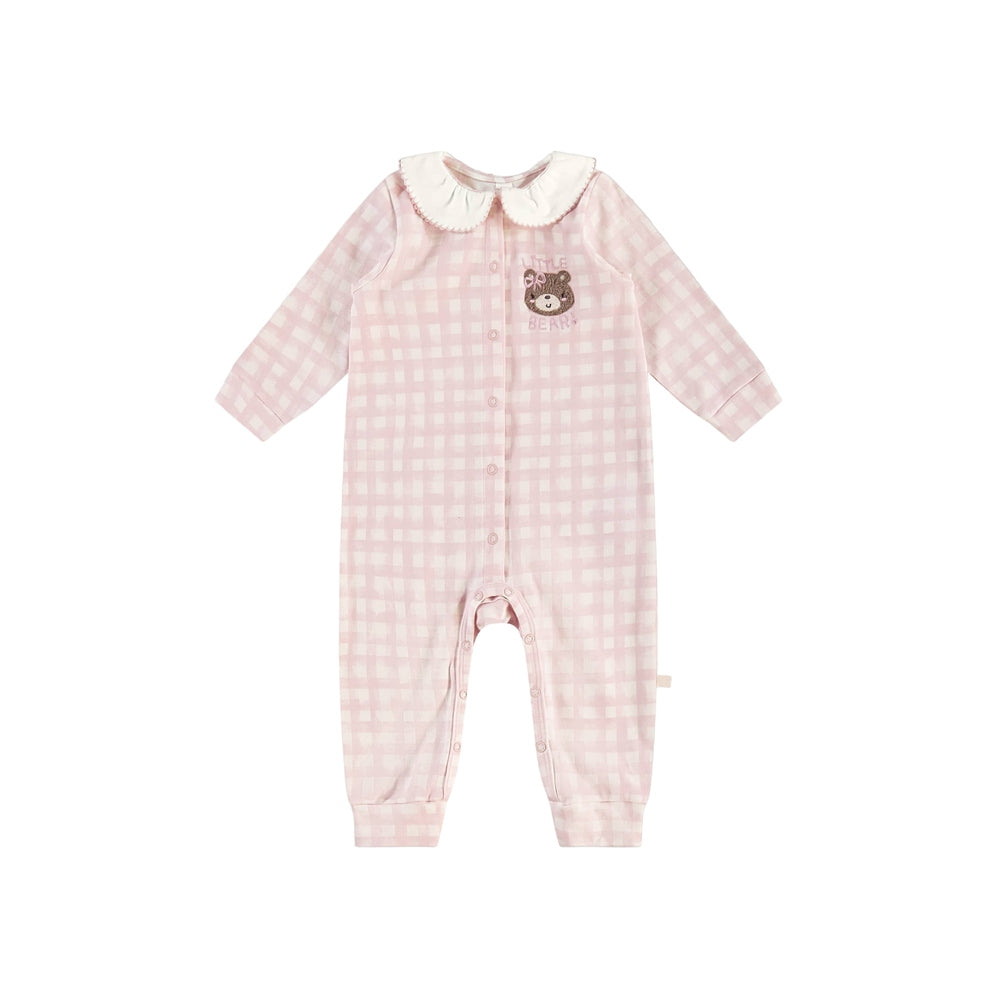 UP BABY girls jumpsuit in soft jersey cotton, pink gingham with white scalloped collar and bear embroidery