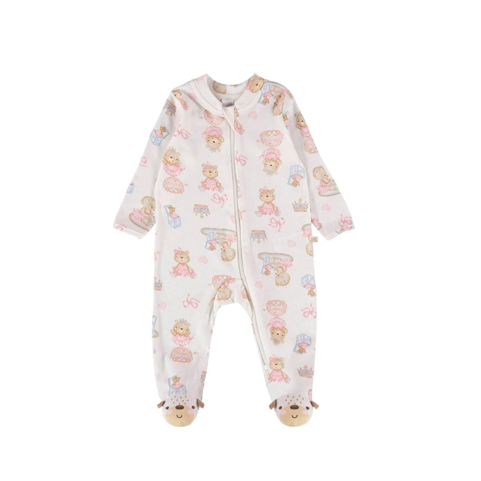 UP BABY soft jersey cotton jumpsuit, white with pink bear prints; footed with teddy-face toes
