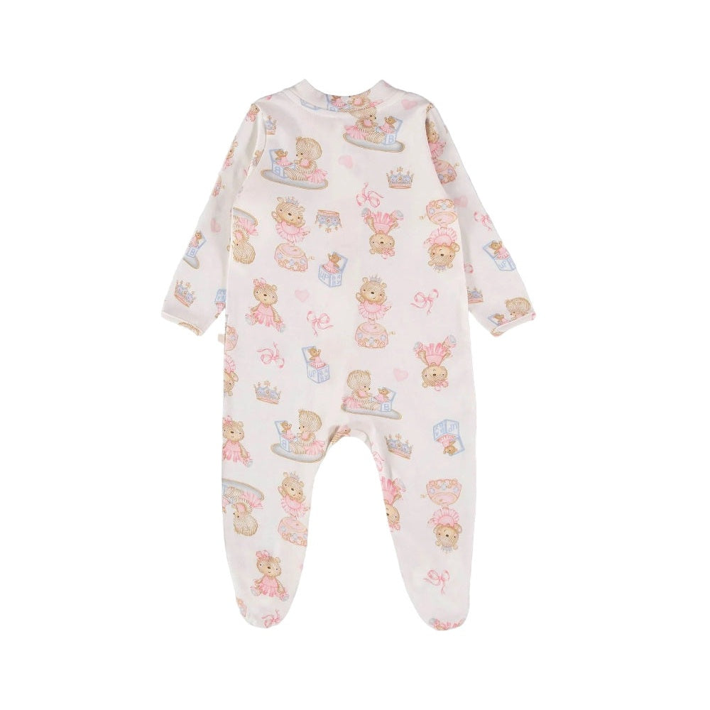 UP BABY soft jersey cotton jumpsuit in white with pastel princess and bear print
