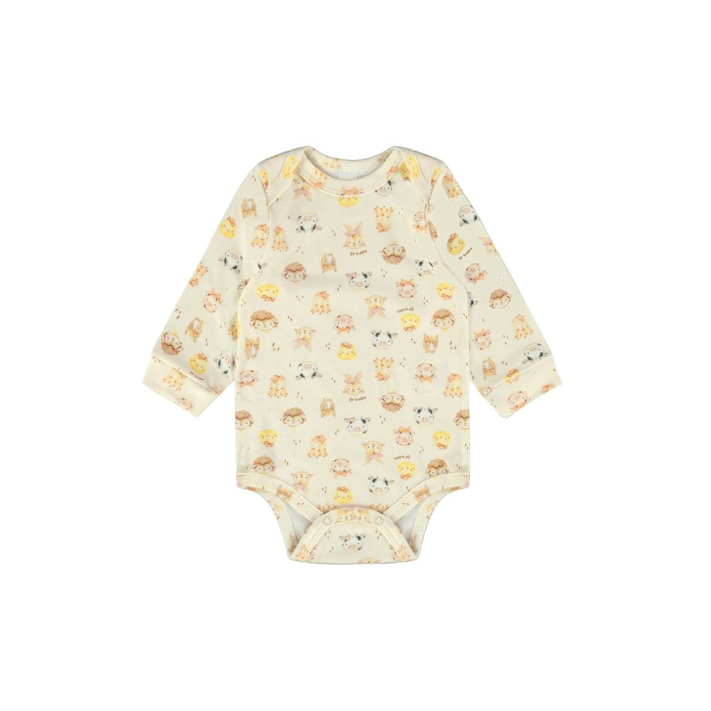 UP BABY long-sleeve baby bodysuit in cream jersey cotton with a pastel farm animal print
